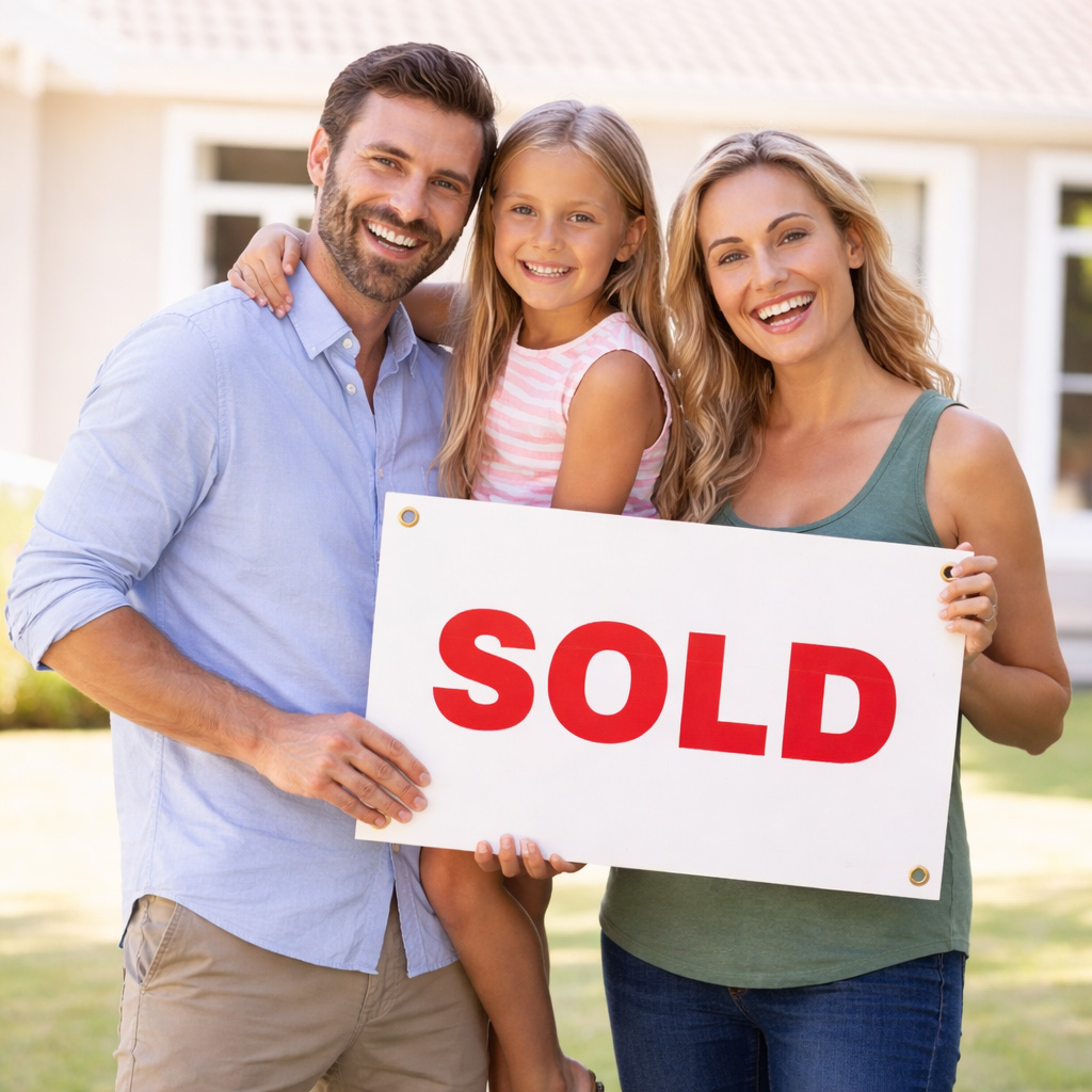 family with sold sign